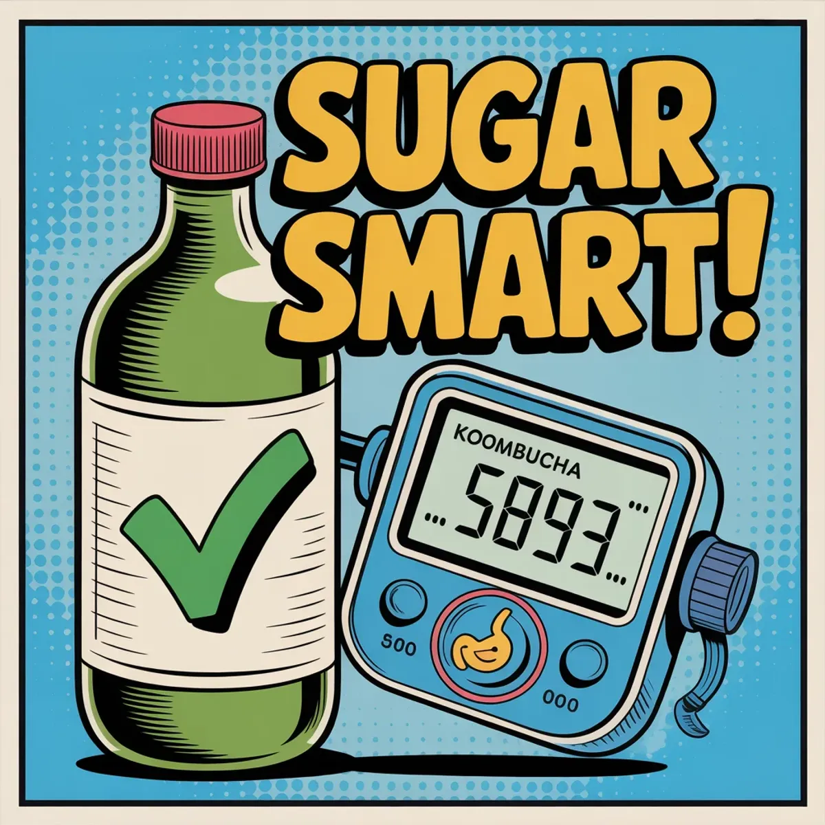Comic illustration of kombucha beside a blood glucose meter