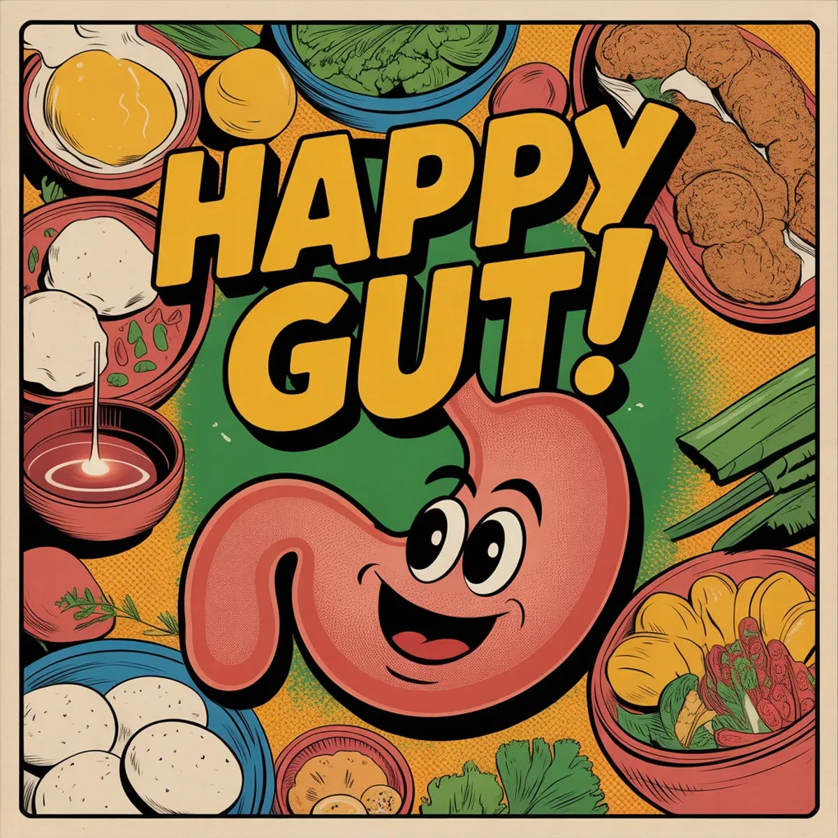 Comic illustration of happy gut with Indian foods