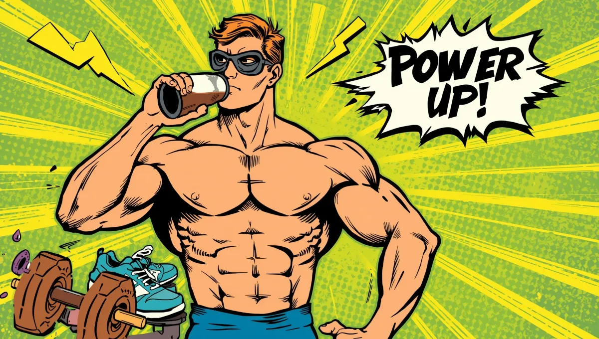 Comic illustration of athlete drinking kombucha