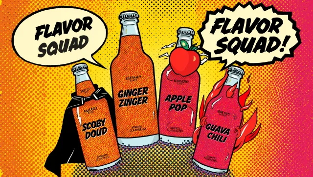 Comic illustration of four Scoby Doo kombucha flavors