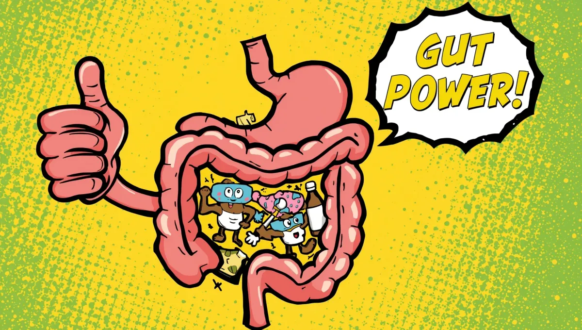 Comic illustration of happy gut with probiotics