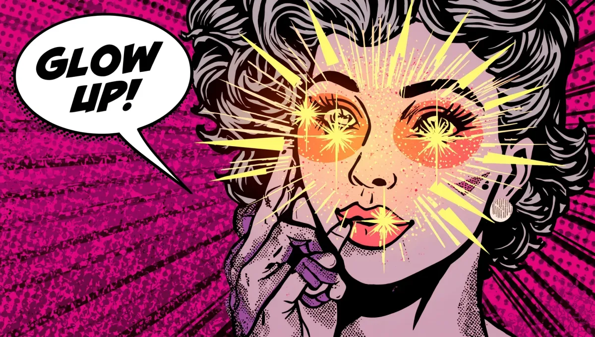 Comic illustration of glowing skin from kombucha