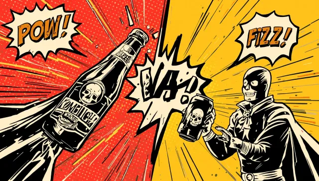 Comic battle illustration of kombucha vs soda