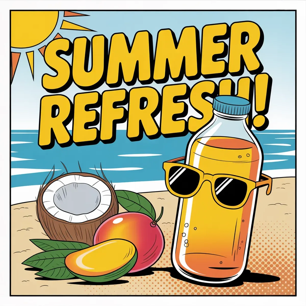 Comic illustration of kombucha on beach with sunglasses