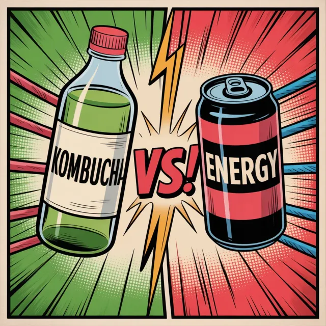 Comic illustration of kombucha vs energy drink face-off