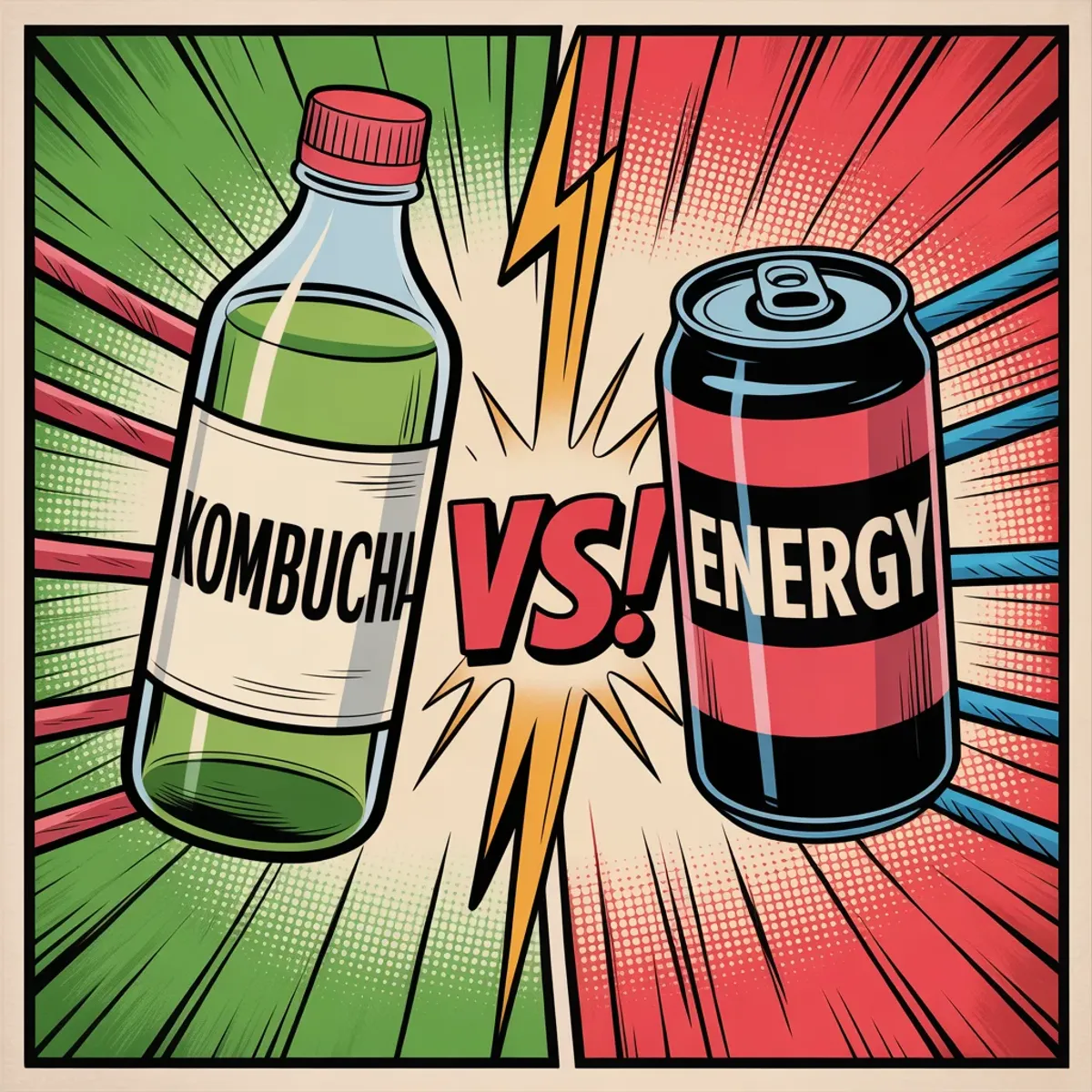 Comic illustration of kombucha vs energy drink face-off