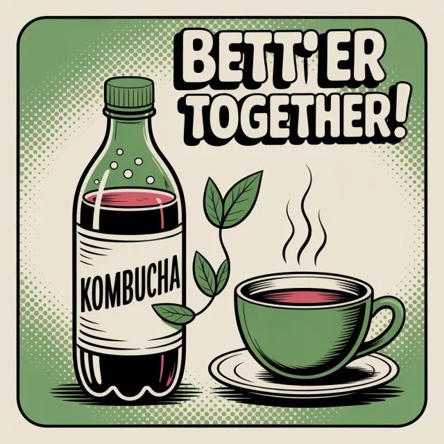 Comic illustration of kombucha and green tea together