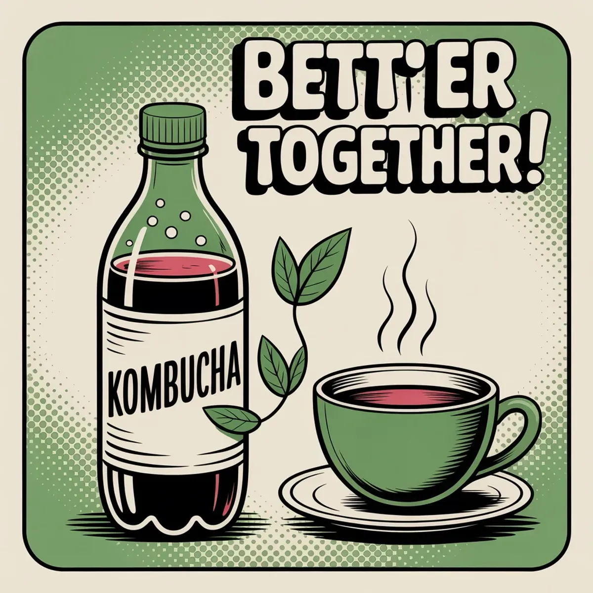 Comic illustration of kombucha and green tea together