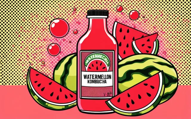 Watermelon kombucha bottle with fresh watermelon slices on a hot summer day
