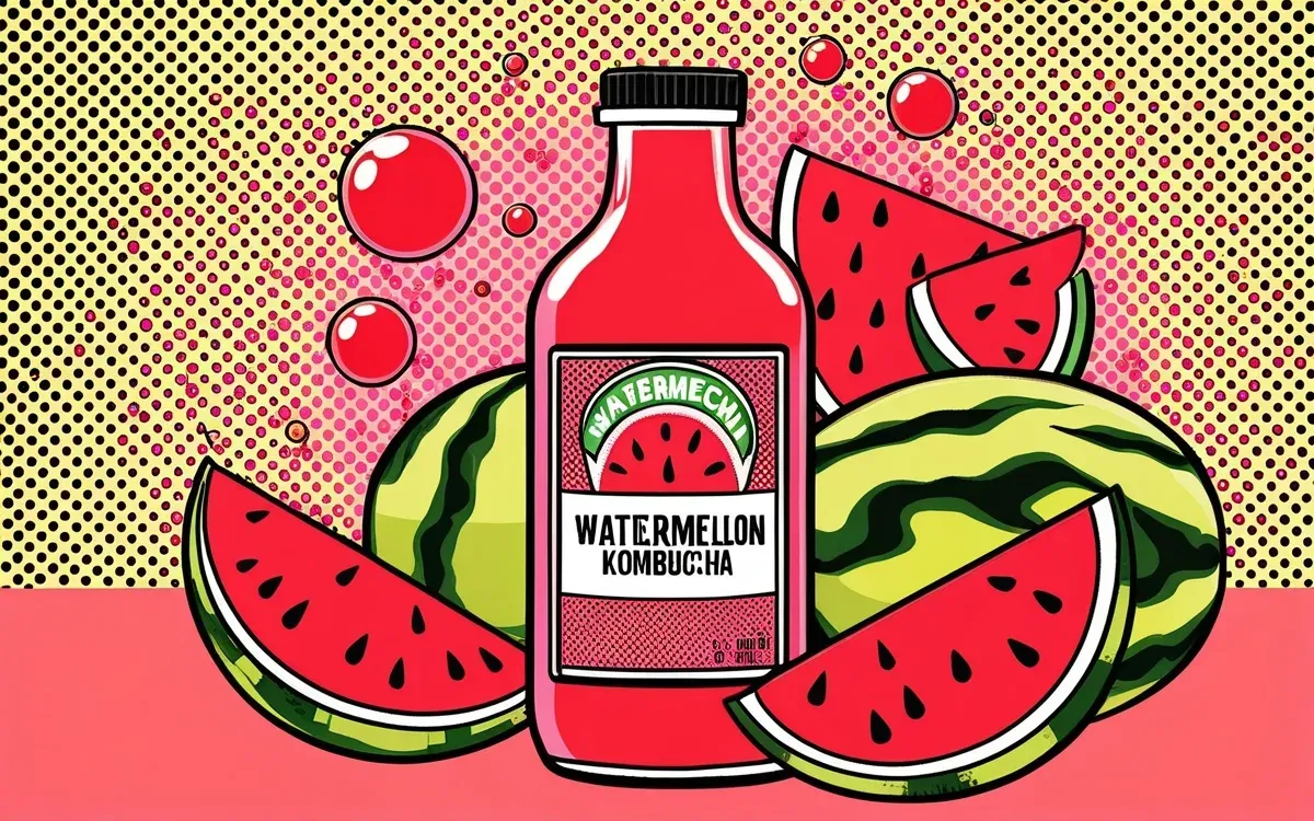 Watermelon kombucha bottle with fresh watermelon slices on a hot summer day