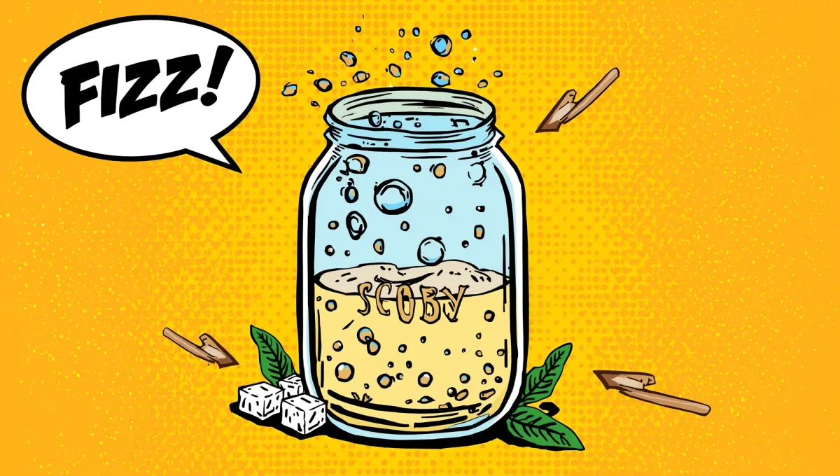 Comic illustration explaining what kombucha is with SCOBY jar