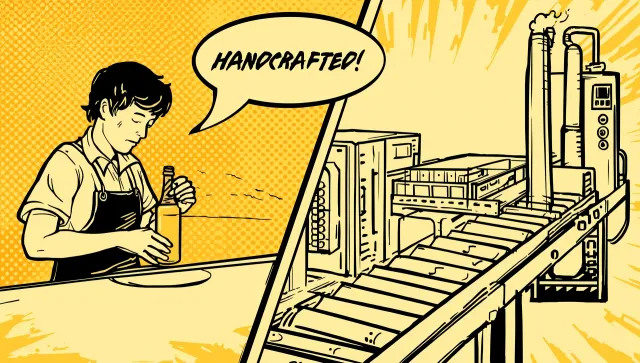Comic illustration of craft vs mass produced kombucha