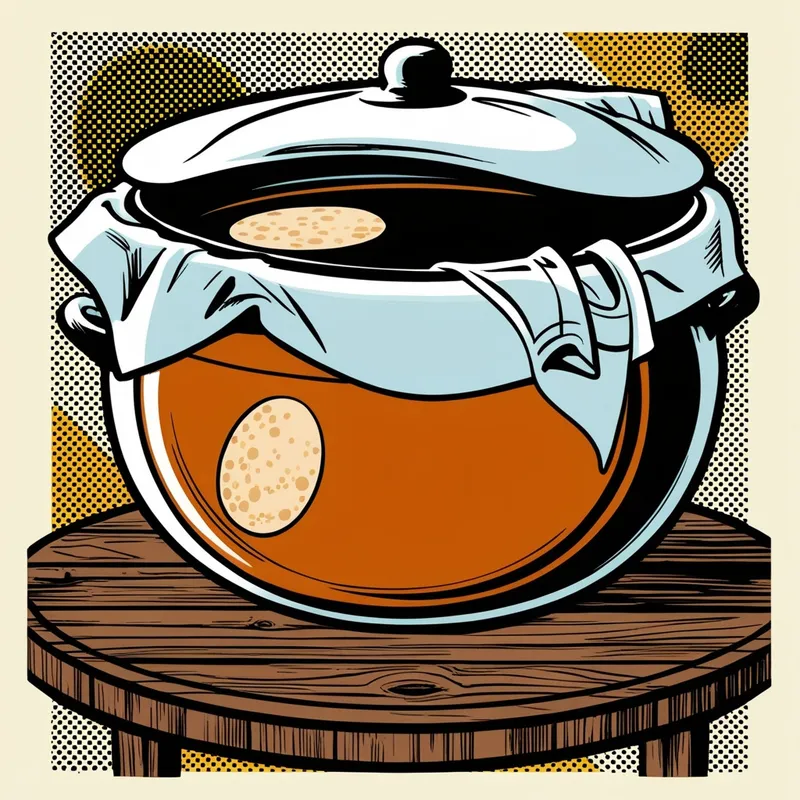 A ceramic fermentation crock covered with cloth, with a jar of live kombucha culture beside it
