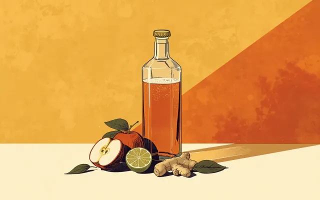 Illustrated amber kombucha bottle beside apple, lime and ginger against a yellow and orange background.