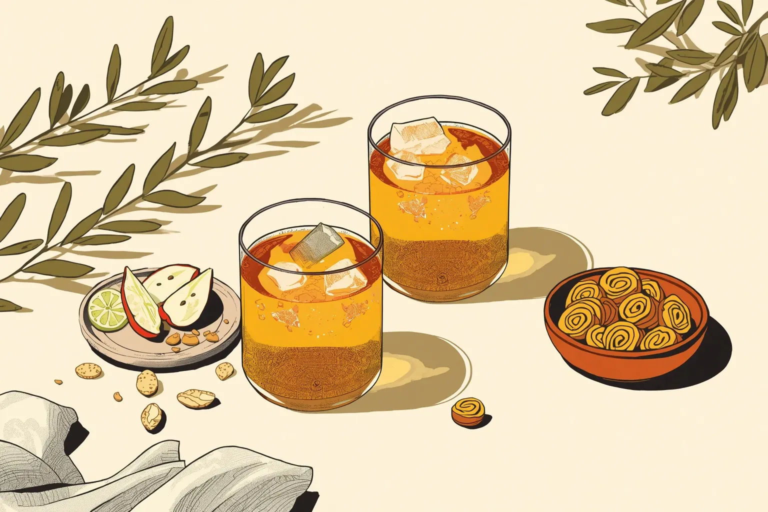 Illustrated serving inspiration: glasses of amber kombucha with fruit and savoury snacks
