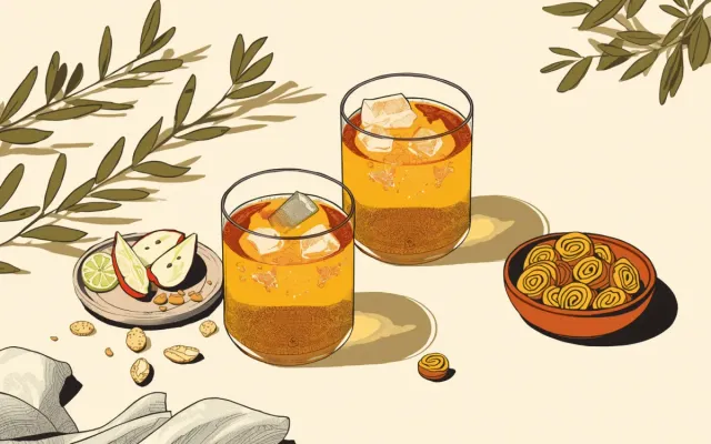 Illustrated tabletop with two glasses of amber kombucha, apple slices, lime and savoury snacks.