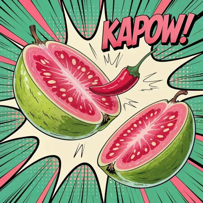 Guava Chilli illustrated bottle with its flavour ingredients