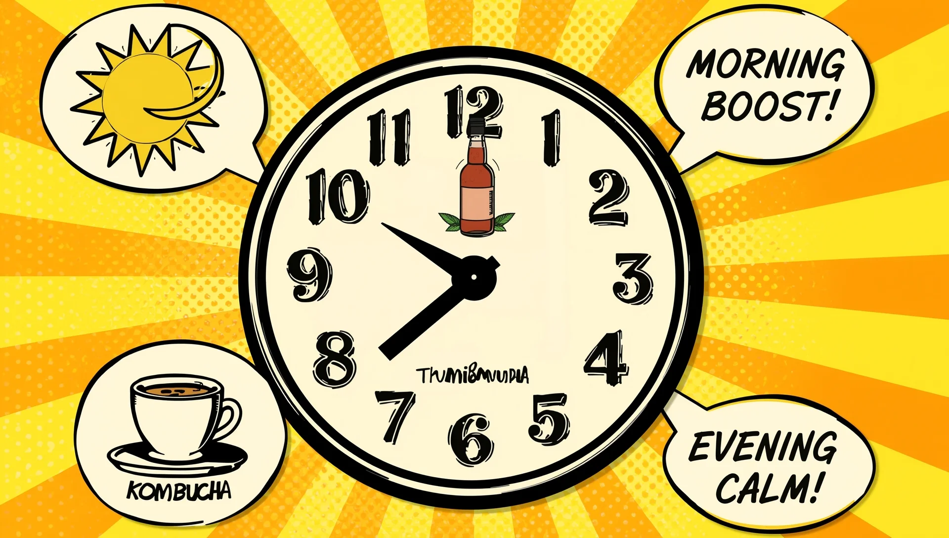 Comic illustration of best times to drink kombucha throughout the day