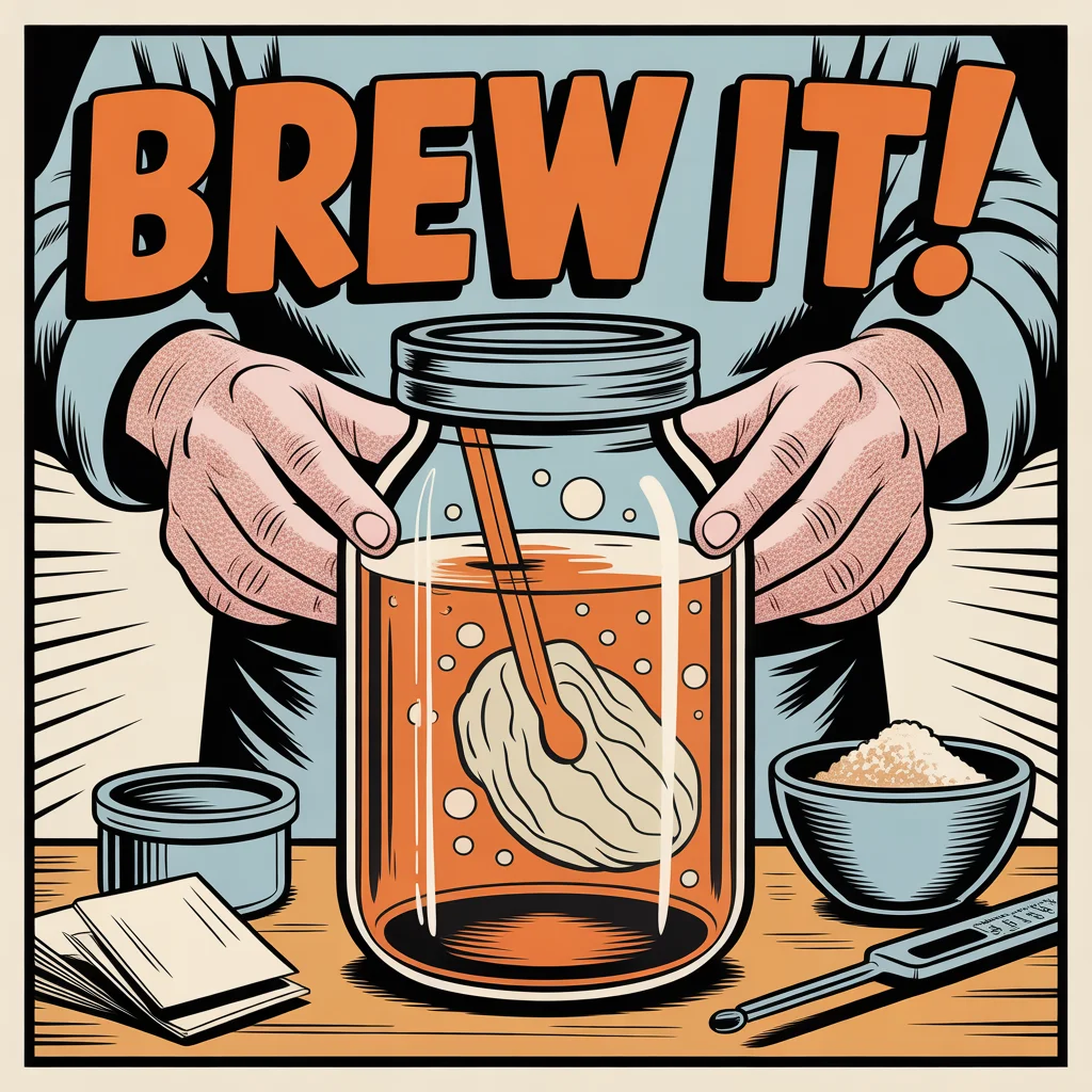 Comic illustration of hands brewing kombucha in glass jar