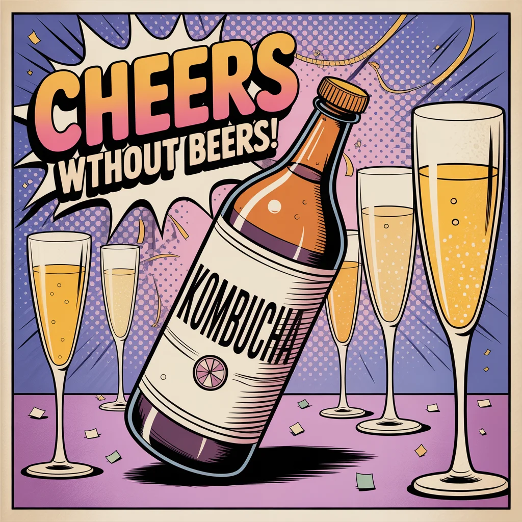 Comic illustration of kombucha at sophisticated party