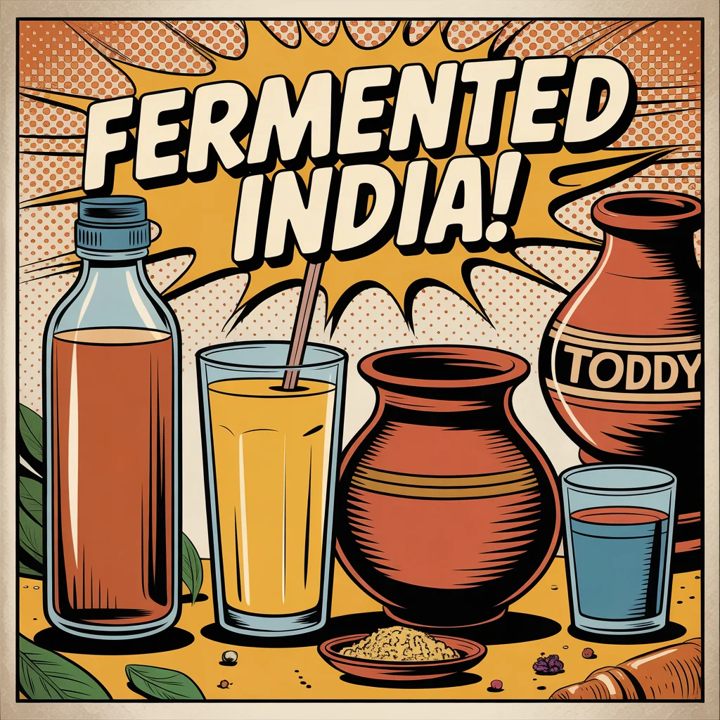 Comic illustration of Indian fermented drinks lineup
