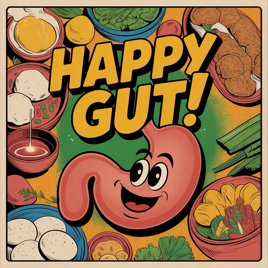 Comic illustration of happy gut with Indian foods