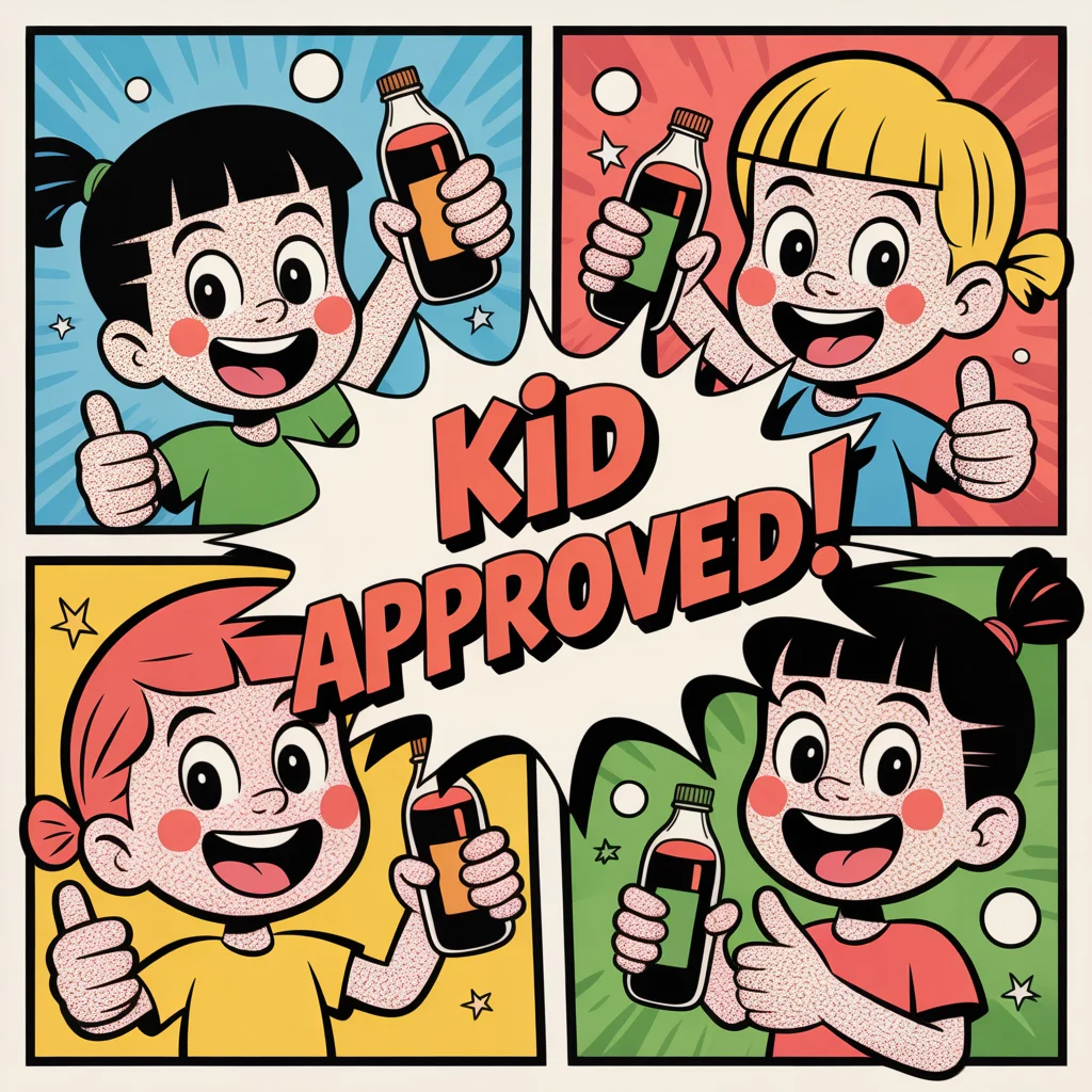 Comic illustration of happy kids with kombucha