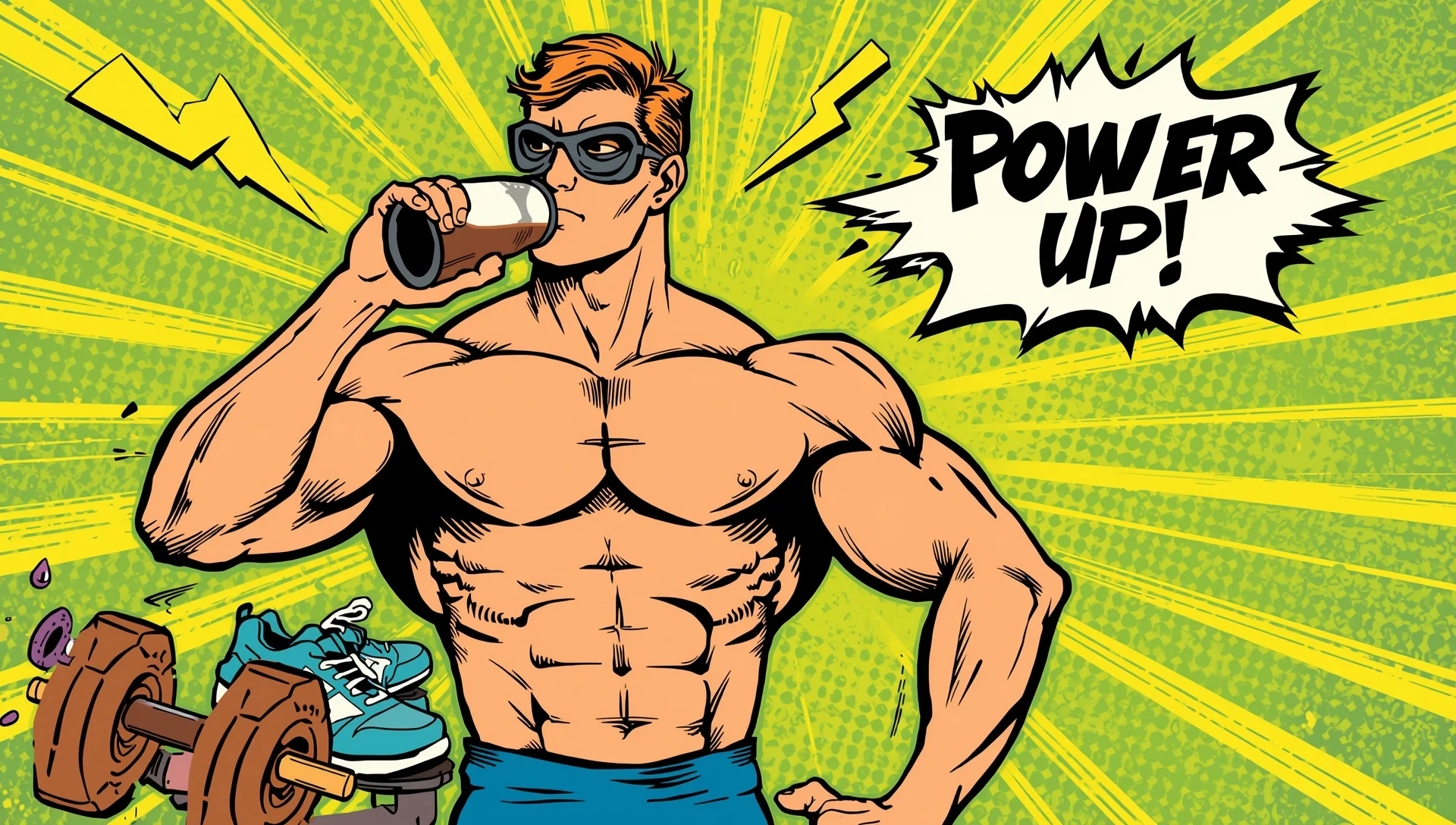 Comic illustration of athlete drinking kombucha