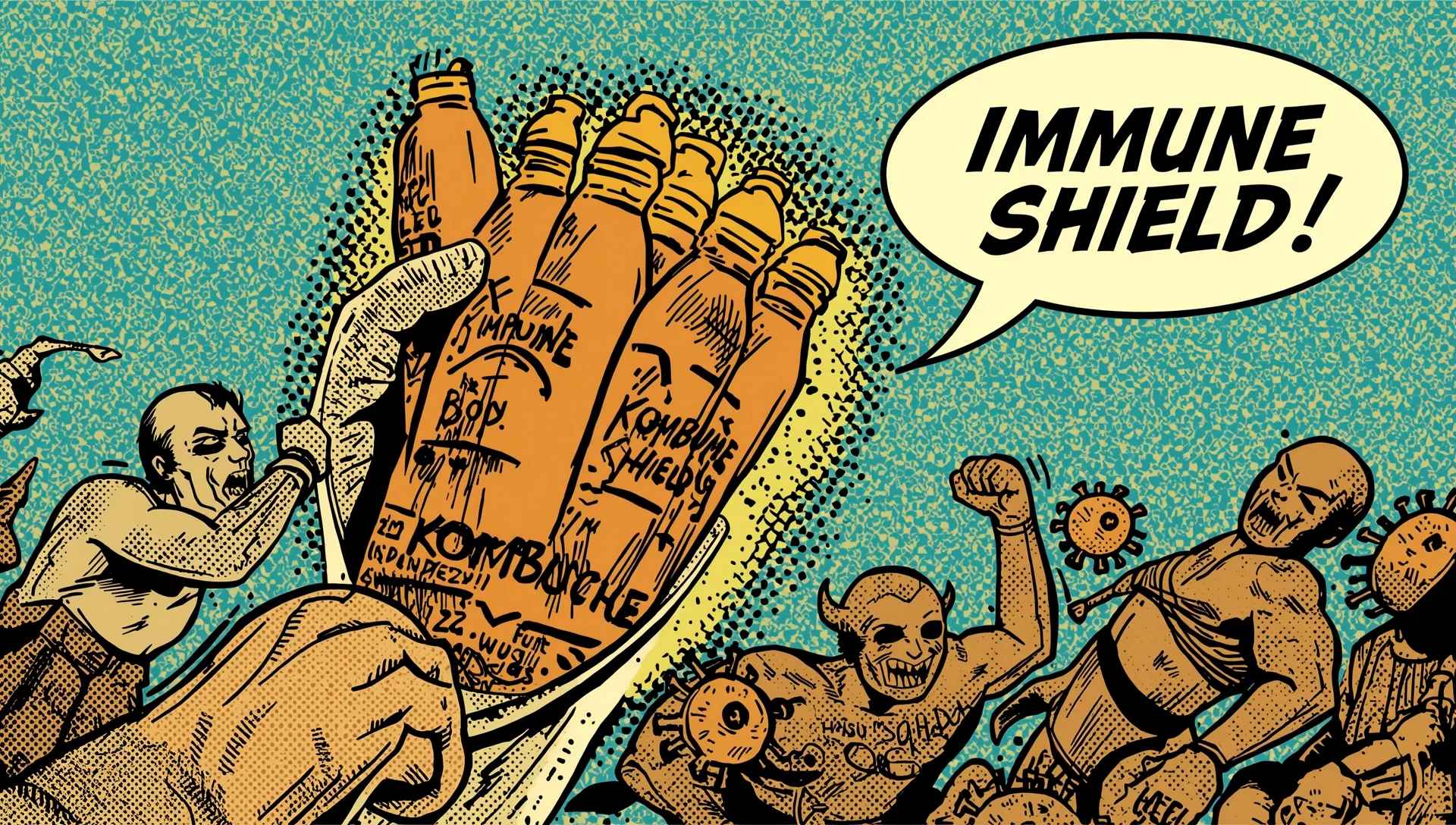 Comic illustration of kombucha immune shield