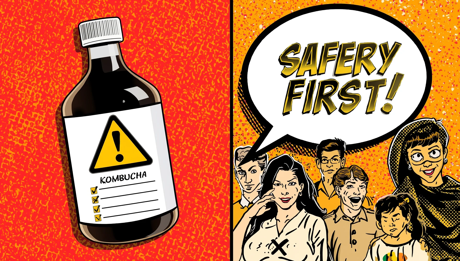 Comic illustration of kombucha safety warning