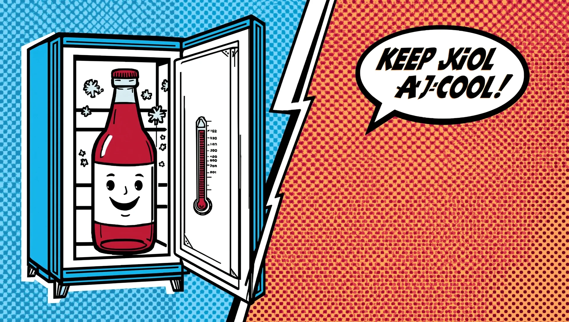 Comic illustration of kombucha storage in refrigerator