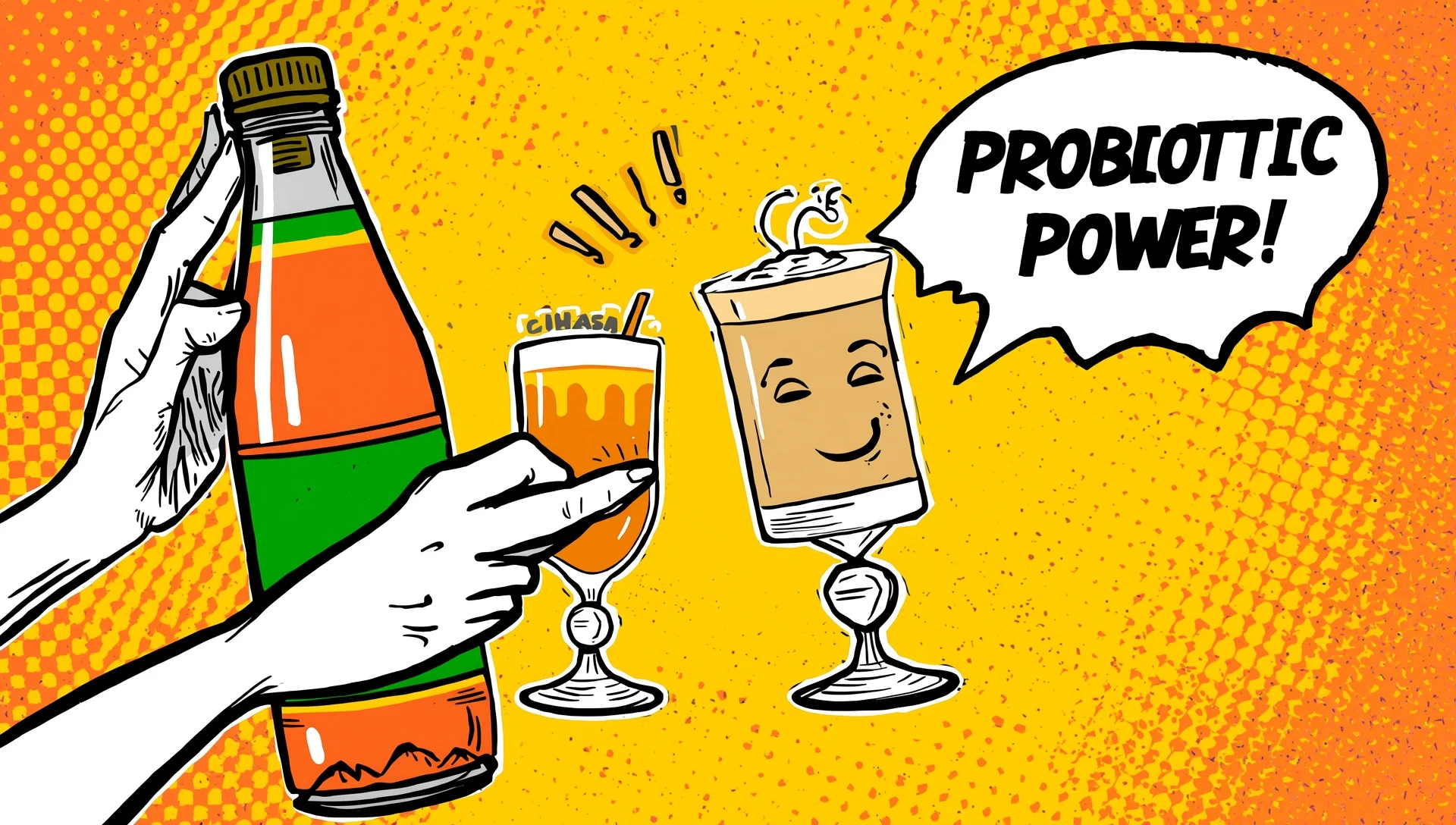 Comic illustration comparing kombucha and chaas