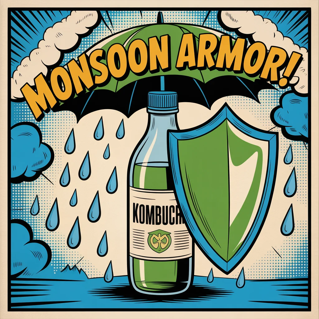 Comic illustration of kombucha with umbrella and immunity shield