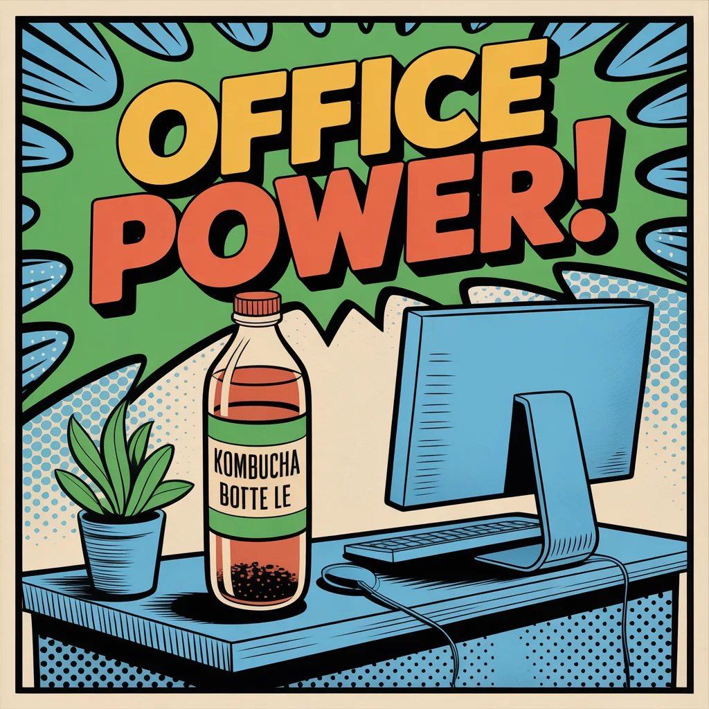 Comic illustration of kombucha at office desk