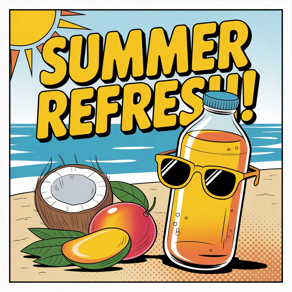 Comic illustration of kombucha on beach with sunglasses