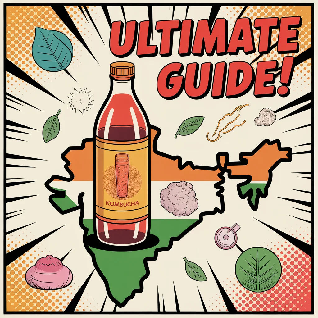 Comic illustration of kombucha superhero on map of India