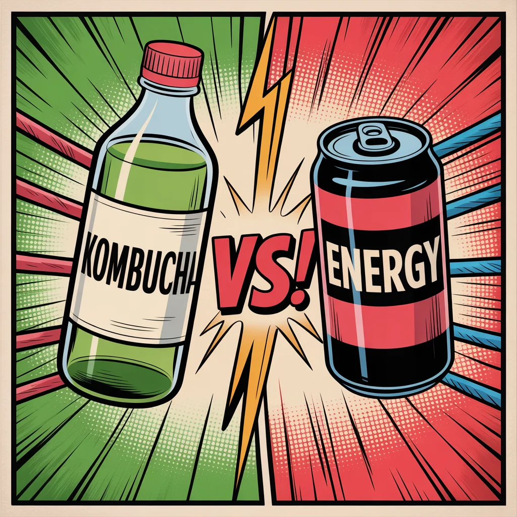 Comic illustration of kombucha vs energy drink face-off