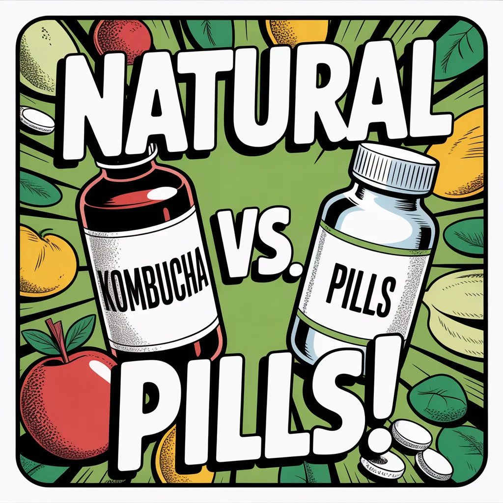 Comic illustration of kombucha vs probiotic pills comparison