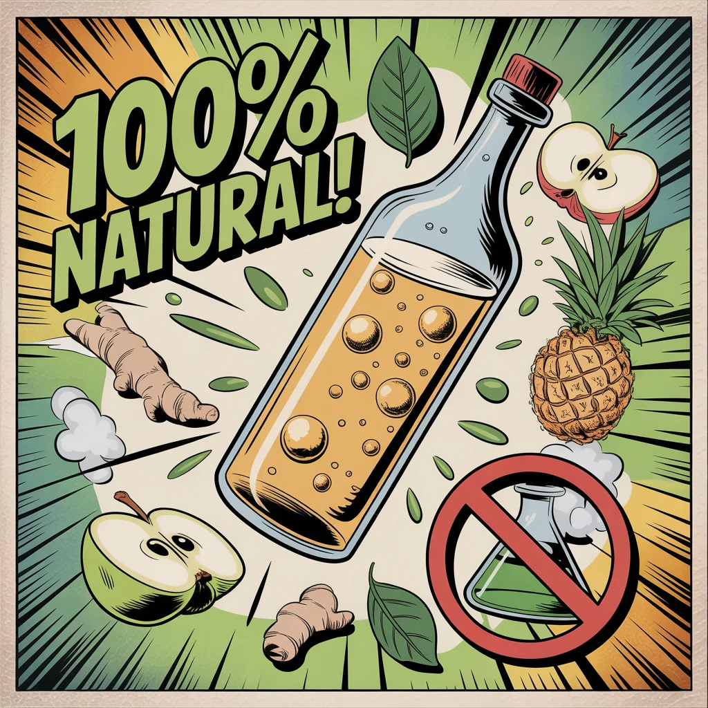 Comic illustration showing 100% natural kombucha with real ingredients - ginger, apple, pineapple, tea leaves, and no artificial additives